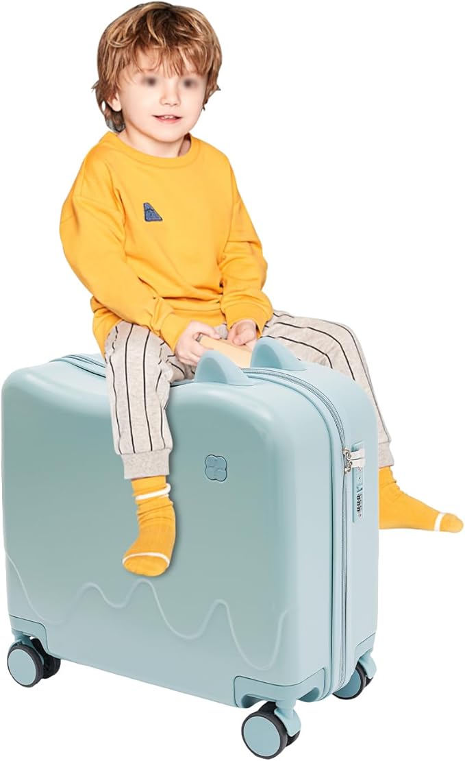 18-Inch Kids Ride-On Suitcase - Cute Lightweight Trolley Luggage with 4 Silent Spinner Wheels & Lock for Travel - Perfect for Ages 3-6 (Sky Blue)