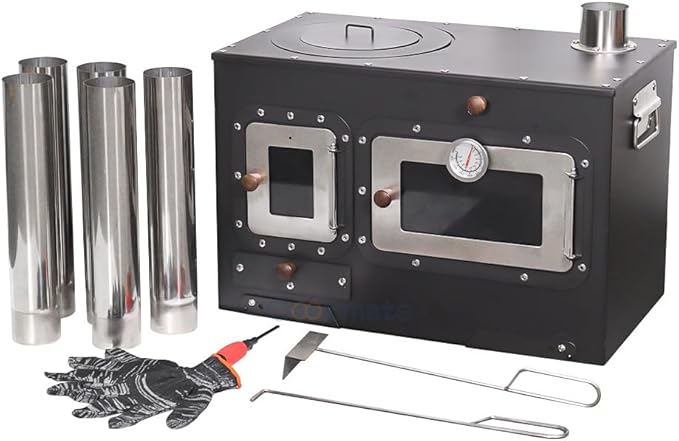 Large Outdoor Camping Stove with Oven Portable Tent Stove With Chimney Pipe Black Camping Stove Keep Warm Stove Foldable Camping Outdoor Cooking BBQ Stove