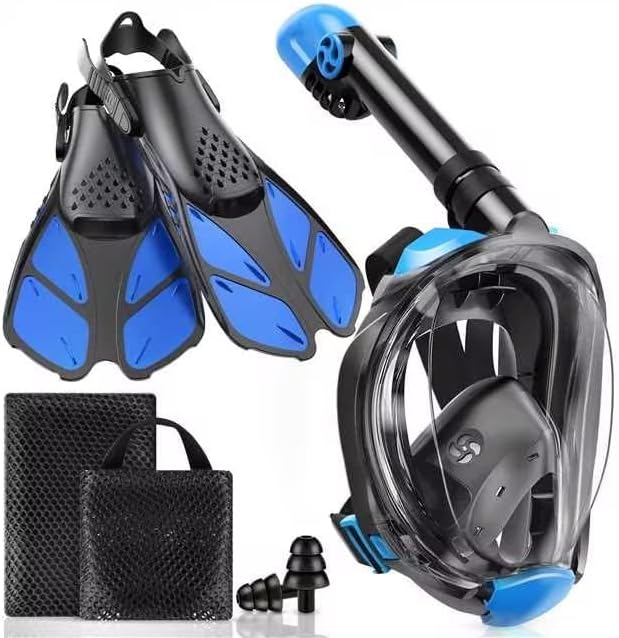 Mask Fins Snorkeling Gear for Adults, Full Face Snorkel Mask & Adjustable Swim Fins Snorkel Set, Panoramic View Snorkel Mask Dry Top Anti-Fog Anti-Leak