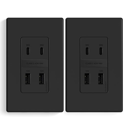 ELEGRP 42W Fast Charge & Power Delivery 4-Port USB Wall Outlet, UL/CUL Listed, 2 Pack, Matte Black