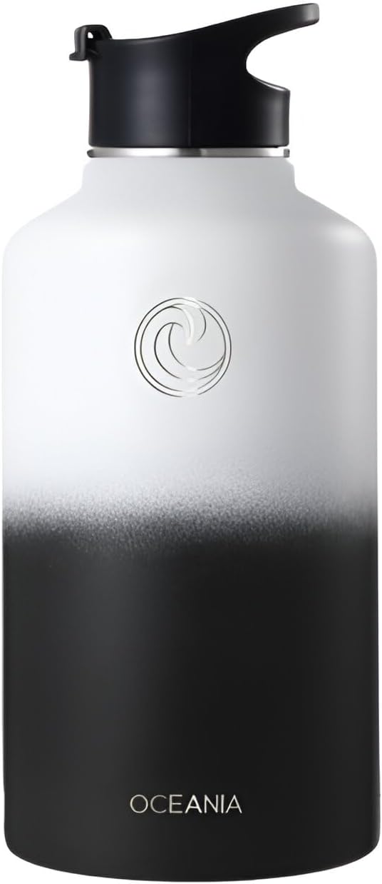 Oceania Flask 64oz Stainless Steel Water Bottles | Modern, Leakproof, Vacuum Insulated with 3 Lids, 3 Straws & 2 Straw Cleaning Brushes | Simple Lightweight Camping & Hiking Hydration Canteens