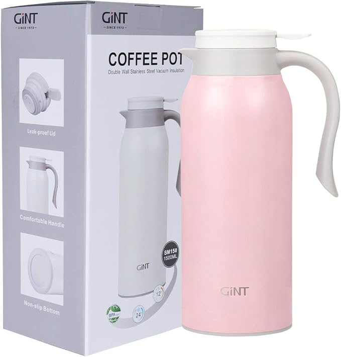 GiNT 51 Oz Stainless Steel Thermal Coffee Carafe, Double Walled Vacuum Insulated Flask, 12 Hour Heat Retention, 1.5 Liter Tea, Water, and Coffee Dispenser (Upgraded version Pink)