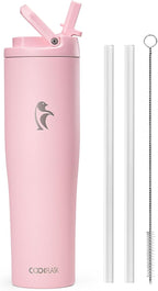 Coolflask Water Bottle 40 oz Fits Car Cup Holder, Slim Tumbler Stainless Steel with Straw & Handle, Vacuum Flask Leakproof Wide Mouth for Travel Sports Gym, Pink