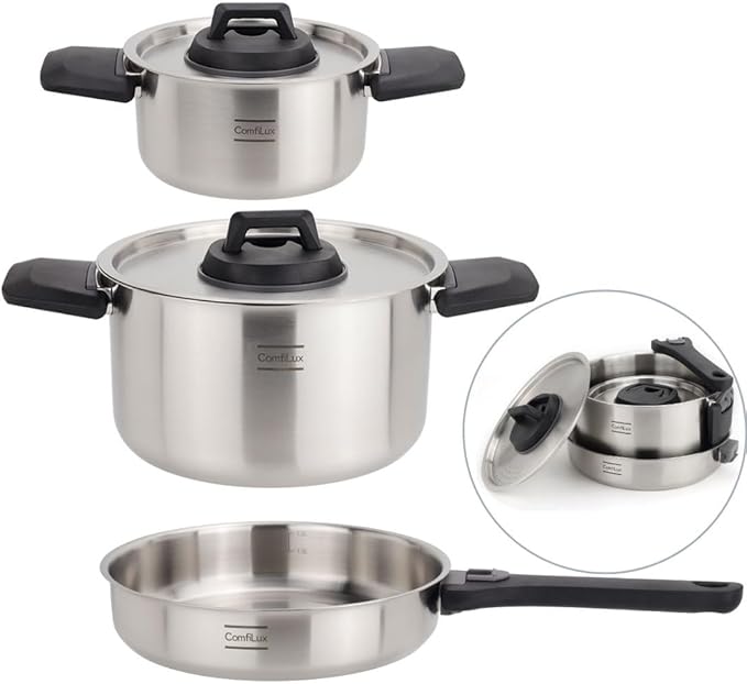 Stainless Steel Camping Kitchen Cookware - Frying Pan with Detachable Handle - Nesting Pots for Backpacking, Camp, and RV Cooking - 6 Piece Including 1.5L Frypan, 1.5L Small Pot & 3.5L Medium Pot