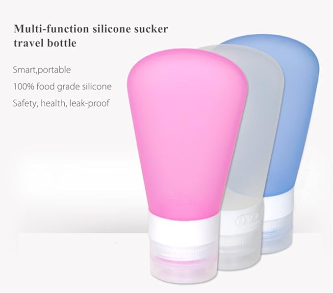 3 Pack Portable Food Grade Squeeze Silicone Liquid Travel Bottles for Shampoo, Conditioner, Lotion, Toiletries, Condiments (1 OZ Pink + White + Blue)