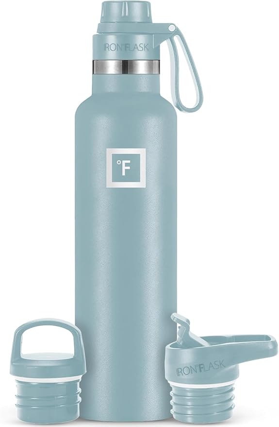 IRON °FLASK Camping & Hiking Hydration Canteens - 3 Lids (Narrow Spout Lid) Leak Proof Vacuum Insulated Stainless Steel - Hot & Cold Double Walled Sports Water Bottle - Elemental Gray, 24 Oz