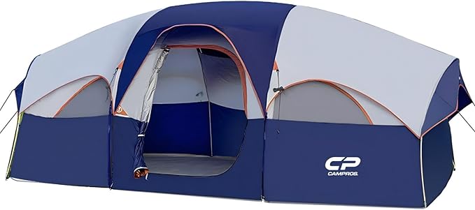 CAMPROS CP Tent 8 Person Camping Tents, Weather Resistant Family Tent, 5 Large Mesh Windows, Double Layer, Divided Curtain for Separated Room, Portable with Carry Bag
