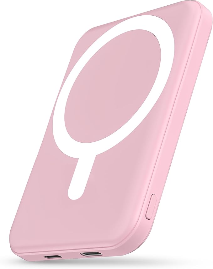 podoru for Magsafe Battery Pack, 5000mAh Magnetic Power Bank with Type-C Cable 20W PD Fast Charging Lighting Input Wireless Portable Charger for iPhone 17/16/15/14/13/12/ All Series-Pink