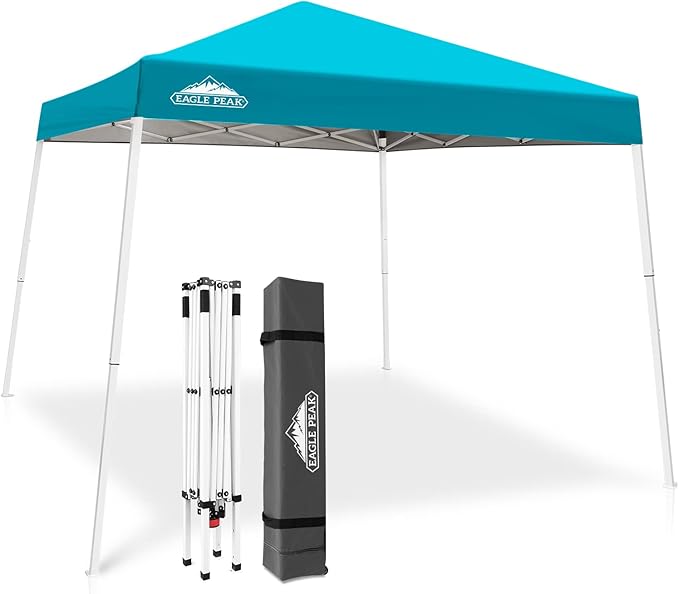 EAGLE PEAK 10x10 Slant Leg Pop-up Canopy Tent Easy One Person Setup Instant Outdoor Beach Canopy Folding Portable Sports Shelter 10x10 Base 8x8 Top (Turquoise)