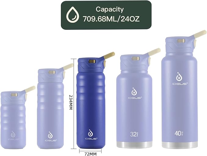 IDEUS Insulated Stainless Steel Water Bottle with 2 Leak-Proof Lids, Thermal Water Flask for Hiking Biking, 24oz, Purple