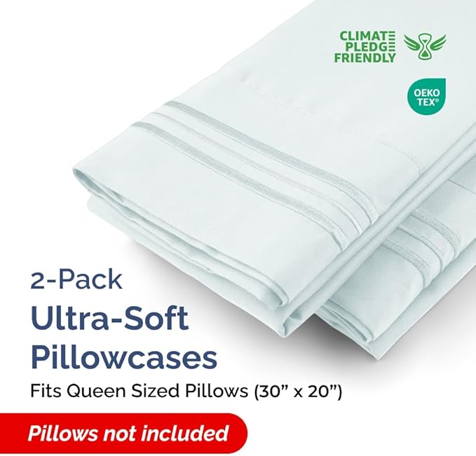 Queen Pillow Cases Set of 2 - Ultra Soft Hotel Quality Pillowcase Covers - Comfy Cozy Bedding for Women, Men, Kids and Teens - Machine Washable Pillow Protectors - 2 Pieces Set - Queen Size Ice Blue