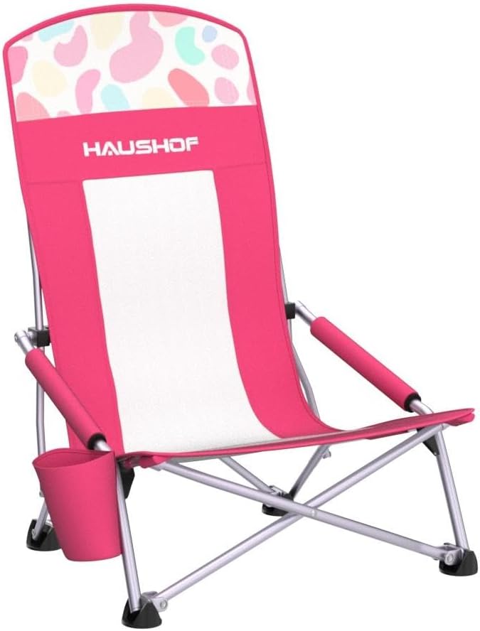 HAUSHOF 2-Pack High Back Beach Chairs, Mesh Back Folding Chair, Lightweight Low Seat Camping Chairs with Cup Holder, Carry Bag, Padded Armrest for Outdoor Beach Lawn Camping Picnic Festival