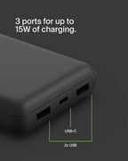 Belkin Portable Charger, USB-C Power Bank 20000 mAh w/ 2 USB-A Ports, 15W w/ Type-A to Type-C Cable - iPhone 17, Air, Pro, Pro Max, AirPods, Apple Watch, Samsung Galaxy S25, Google Pixel 10 - Black