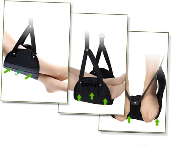 HOMSFOU Portable Travel Footrest Hammock Adjustable Black Foot Sling for Airplane Train Home Office Use Lightweight Compact Design for Long Journeys