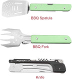 ROXON S601 14" 6 in 1 MBT3 Folding Grill Utensils Set Fork Spatula Grilling Knife Tongs Opener for Backyard Barbecue and Camping (Green)