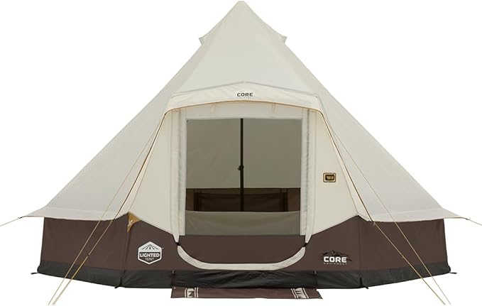 CORE 6 Person Bell Tent with LED Lights | Spacious Family Lighted Tent with Carry Bag for Camping, Glamping, and Backyard Adventures