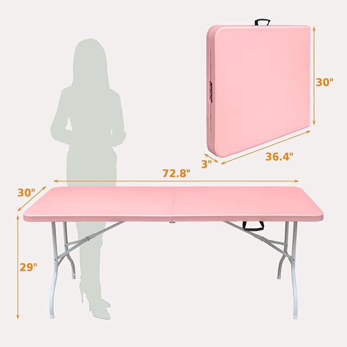 6 FT Folding Table with Carry Handle, Portable Fold-in-Half Plastic Table, Rectangle Foldable Table for Indoor/Outdoor Pink