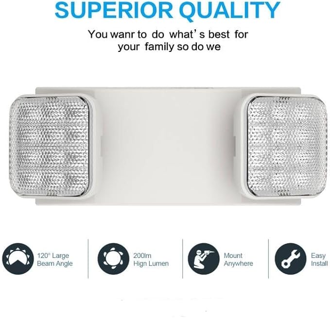 1 Pack LED Emergency Lighting Fixture with 2 LED Heads-Hardwired Adjustable White Commercial Emergency Lights with Battery Backup for Power Failure