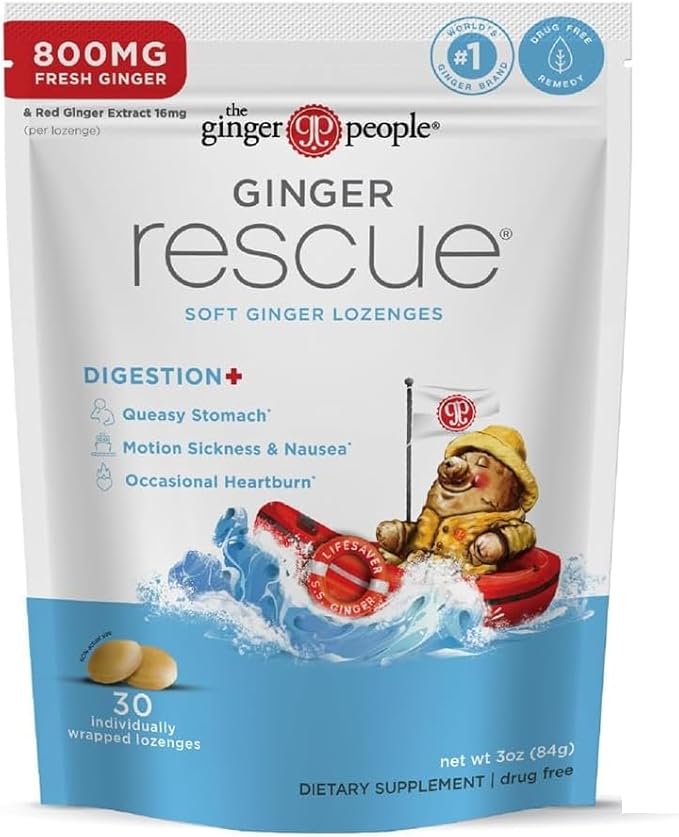 The Ginger People Ginger Rescue Digestive Wellness Lozenges (Soft) | Extra Strength - 800mg | Nausea, Upset Stomach, Motion Sickness, Mild Heartburn, Indigestion, 30 Count (Pack of 2)