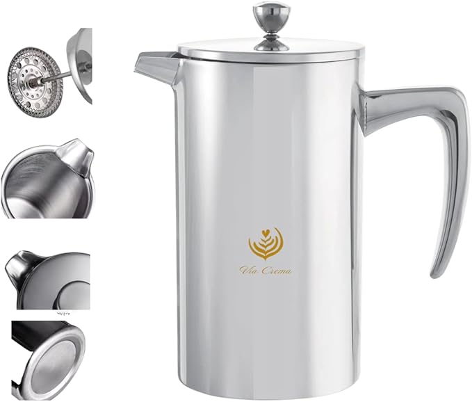 VIA CREMA French Press Coffee Maker, Stainless Steel with Glass Carafe, 1000ml/34oz or 800ml/27oz Capacity