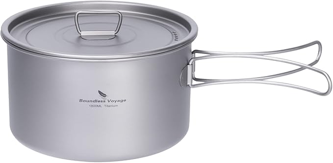 iBasingo 1.8L Titanium Cooking Pot with Lid Camping Cookware with Foldable Handle Outdoor Portable Lightweight Cooking Kit for Backpacking Hiking Picnic Fishing Mountaineering Ti2107C (1 pc)