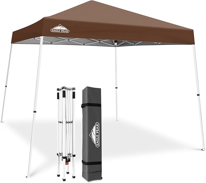 EAGLE PEAK 10x10 Slant Leg Pop-up Canopy Tent Easy One Person Setup Instant Outdoor Beach Canopy Folding Portable Sports Shelter 10x10 Base 8x8 Top (Dark Brown)