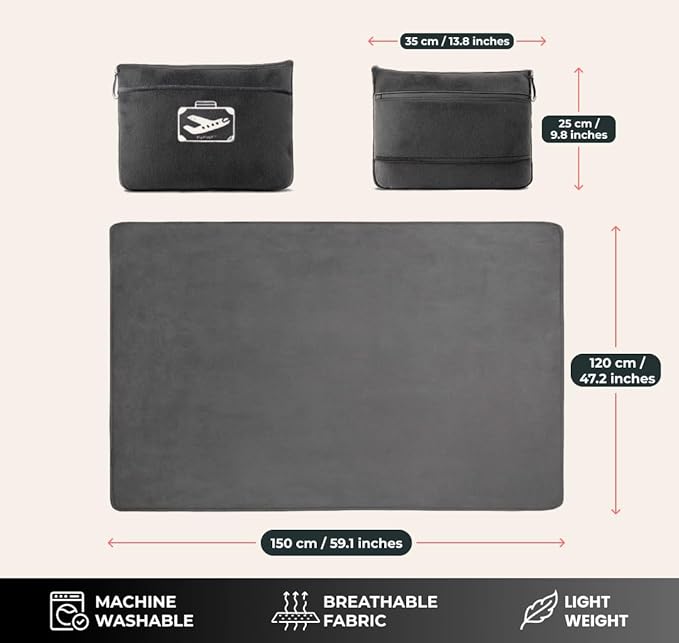 FlyHugz Grey Travel Blanket & Pillow Set (59.1"x47.2") with Carry Case, Luggage Sleeve & Clip – Portable, Lightweight, Breathable & Washable – Perfect for Plane, Car, Camping & Travel