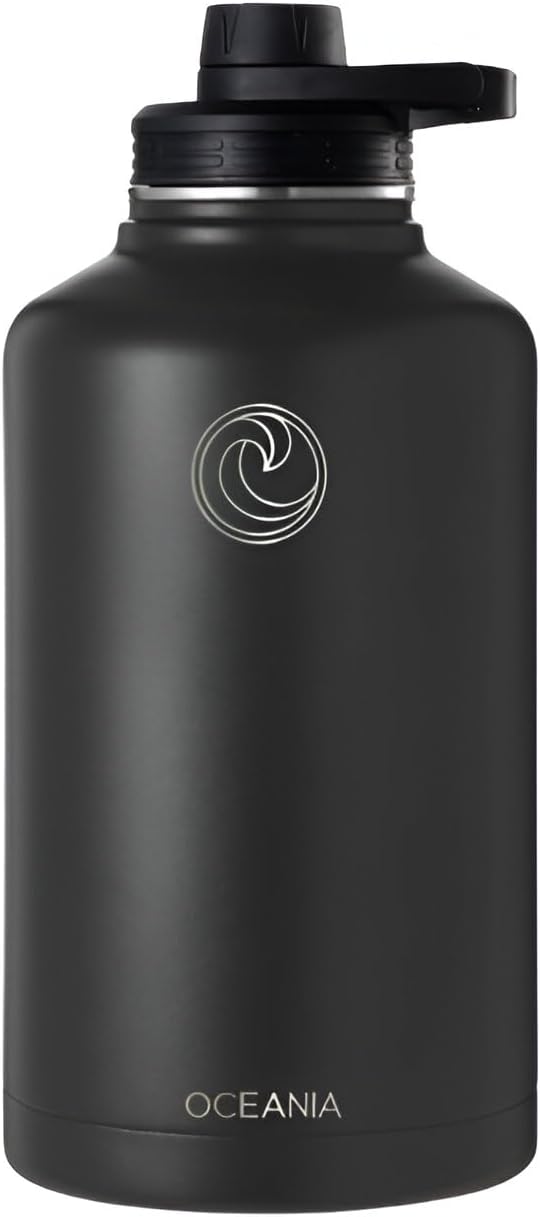 Oceania Flask 64oz Stainless Steel Water Bottles | Modern, Leakproof, Vacuum Insulated with 3 Lids, 3 Straws & 2 Straw Cleaning Brushes | Simple Lightweight Camping & Hiking Hydration Canteens
