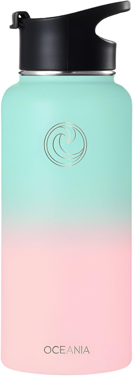 Oceania Flask 32oz Stainless Steel Water Bottle | Modern, Leakproof, Hydro BPA-Free, Insulated Water Bottle with 3 Lids, 3 Straws & 2 Straw Cleaning Brushes | Simple Camping & Hiking Water Bottles