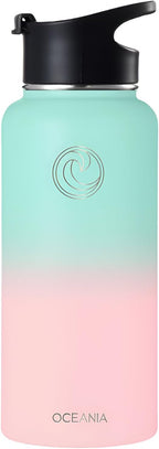 Oceania Flask 32oz Stainless Steel Water Bottle | Modern, Leakproof, Hydro BPA-Free, Insulated Water Bottle with 3 Lids, 3 Straws & 2 Straw Cleaning Brushes | Simple Camping & Hiking Water Bottles