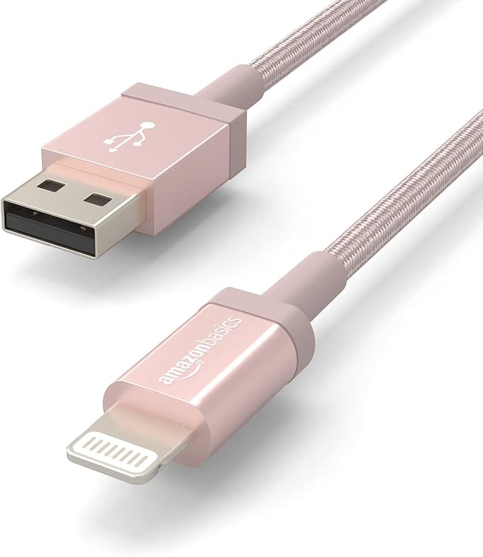 Amazon Basics USB-A to Lightning Cable, Apple MFi Certified, Nylon Braided Cord for iPhone 14 13 12 11 X Xs Pro, Pro Max, Plus, iPad, Data Sync, High Speed Transfer, 3 Foot, Rose Gold