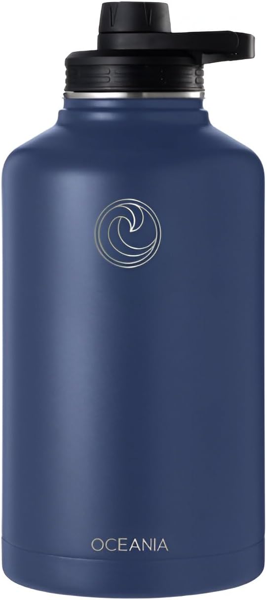 Oceania Flask 64oz Stainless Steel Water Bottles | Modern, Leakproof, Vacuum Insulated with 3 Lids, 3 Straws & 2 Straw Cleaning Brushes | Simple Lightweight Camping & Hiking Hydration Canteens