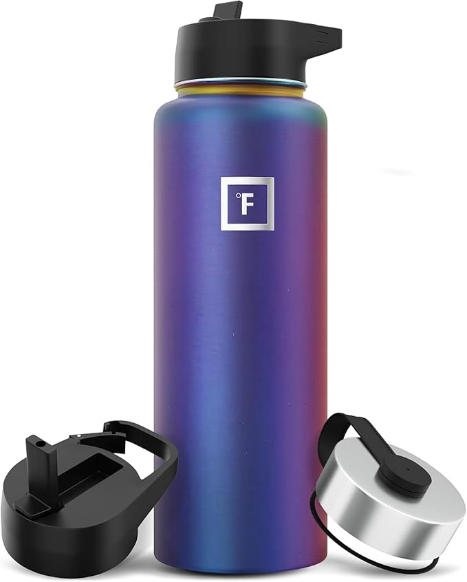 IRON °FLASK Camping & Hiking Hydration Flask with 3 Lids - Stainless Steel, Double Walled & Vacuum Insulated Water Bottle - Leak Proof & BPA Free (Aurora, Straw - 40 oz)