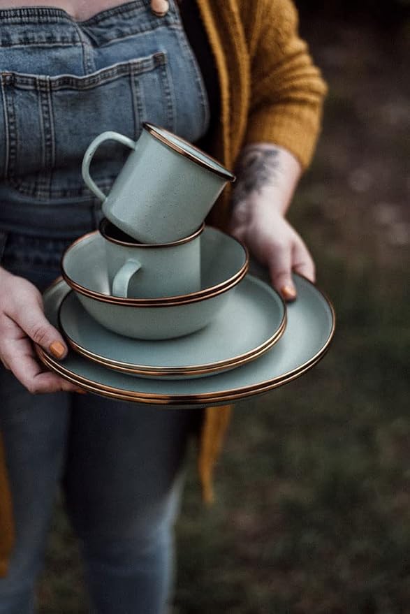 Barebones Enamel Bowl Set - Dish Set of 2 Bowls - Enamelware Set for Camping and Everyday Use (Mint)