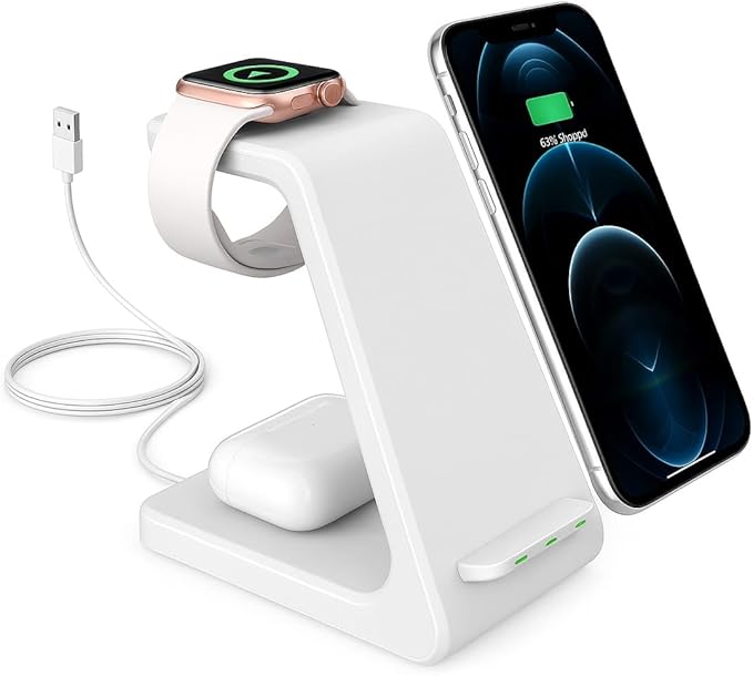 3-in-1 Magnetic Wireless Charger – Fast Charging Dock for iPhone, Apple Watch & AirPods – Foldable Stand with USB-C Cable (White)