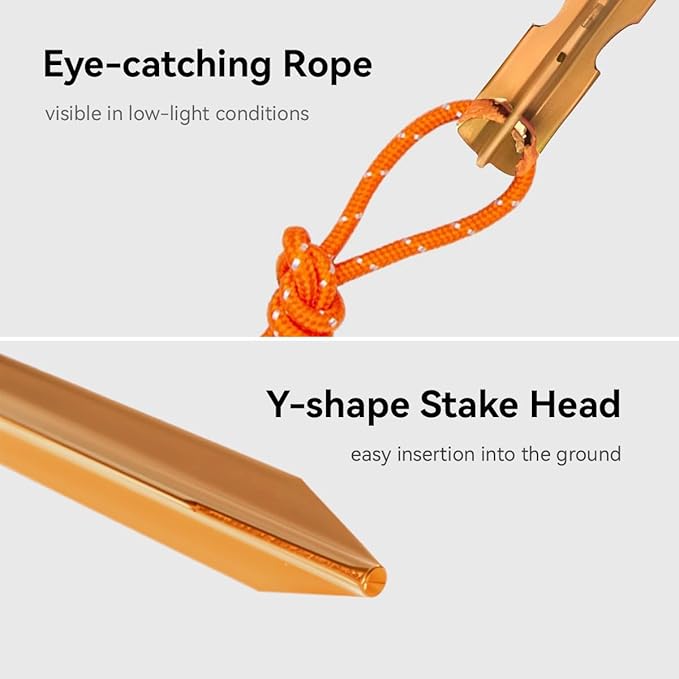 12 Pack Tent Stakes, 7-inch Ultralight Aluminum Ground Pegs with Reflective Pull Ropes, Tri-Beam Stake in a Carrying Bag, for Camping, Backpacking, Hiking, Hammocks and Canopy (Orange)