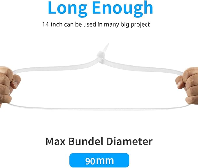 Armpow 14 inch White Zip Ties Heavy Duty 100 PACK, 200 LBS Ultra Exclusive Strong Plastic Wire Ties, Large Cable Ties Extra Long Tie Wraps, Indoor and Outdoor UV Resistant