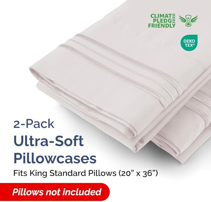 King Standard Pillow Cases Set of 2 - Soft Hotel Quality Pillowcase Covers - Comfy Bedding for Women, Men, Kids & Teens - Machine Washable Pillow Protectors - 2 Piece Set - King Standard Light Grey