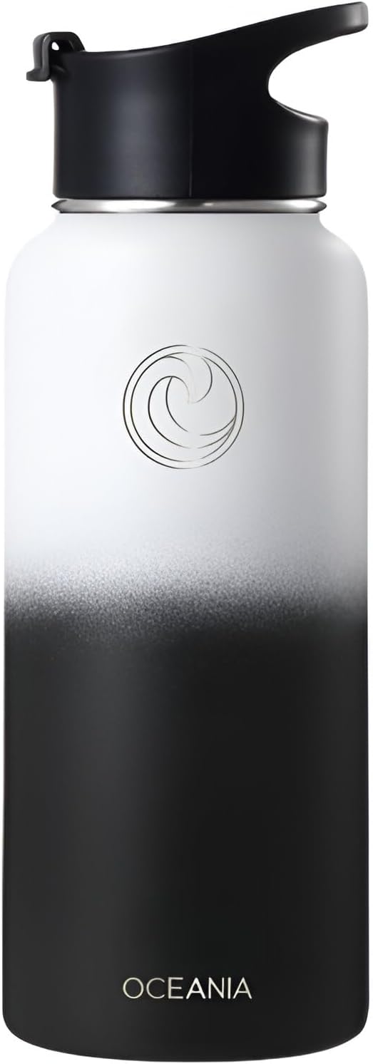 Oceania Flask 32oz Stainless Steel Water Bottles | Modern, Leakproof, Vacuum Insulated with 3 Lids, 3 Straws & 2 Straw Cleaning Brushes | Simple Lightweight Camping & Hiking Hydration Canteens