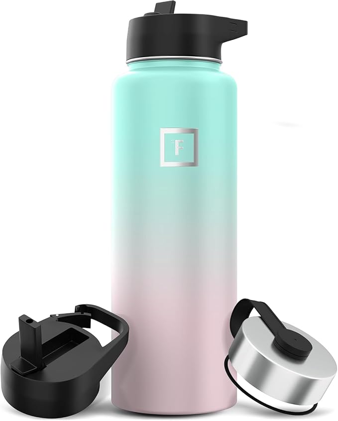 IRON °FLASK Camping & Hiking Hydration Flask with 3 Lids - Stainless Steel, Double Walled & Vacuum Insulated Water Bottle - Leak Proof & BPA Free (Bubble Gum, Straw - 40 oz)