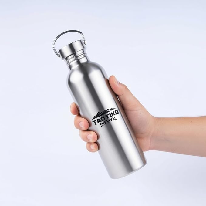 Tactiko Survival Stainless Steel Wide Mouth Water Bottle, Single Wall Boil-Safe, Leakproof, BPA-Free with Carry Sleeve and Strap for Camping, Hiking, Outdoor Prep (Black, 25 oz / 750 ml)