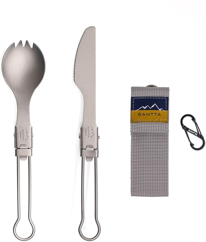 SANTTA Portable Titanium Foldable Eating Utensils with Pouch and Carabiner for Backpacking, Hiking, Camping and Traveling