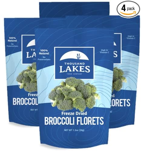 Thousand Lakes Freeze Dried Vegetables - Broccoli Florets 4-pack 1.2 ounces (4.8 ounces total) | 100% Florets - No Stems | No Salt Added