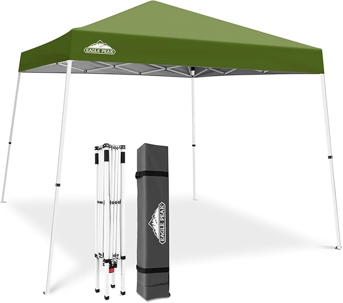 EAGLE PEAK 10x10 Slant Leg Pop-up Canopy Tent Easy One Person Setup Instant Outdoor Beach Canopy Folding Portable Sports Shelter 10x10 Base 8x8 Top (Grass Green)