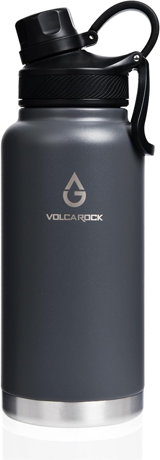 Stainless Steel Sports Water Bottle with Straw Lid Dustproof, 3 Lids, 24/32/40/64 oz BPA Free Vacumm Insulated Water bottle, Leakproof and Sweat Free, Perfect for The Go - 32 Oz Grey