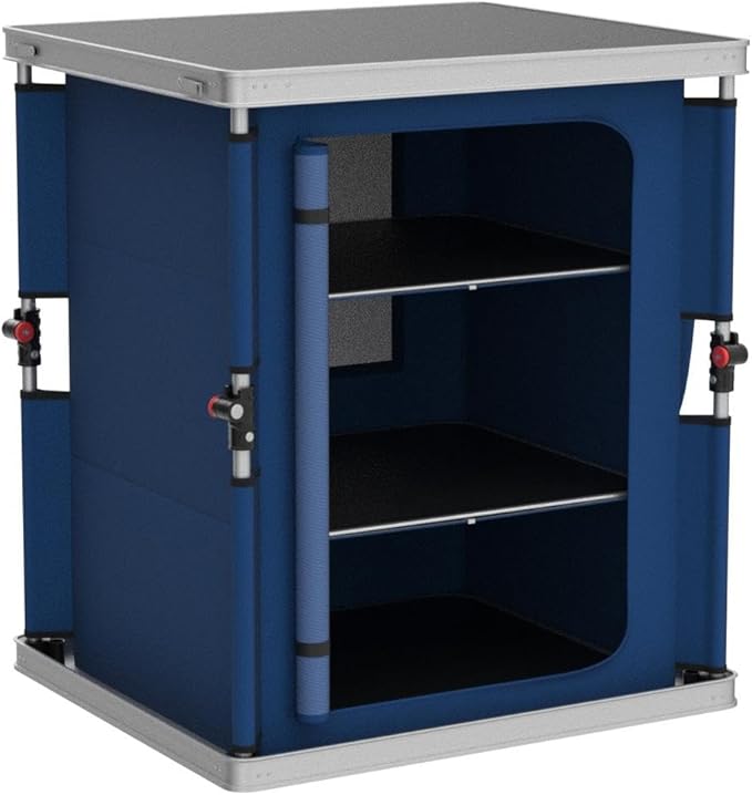 EAGLE PEAK Outdoor Folding Camping Table with Large 3-Tier Storage Organizer and Side Pockets, Easy Set Up Portable Aluminum Camping Kitchen, Blue