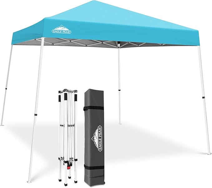 EAGLE PEAK 10x10 Slant Leg Pop-up Canopy Tent Easy One Person Setup Instant Outdoor Beach Canopy Folding Portable Sports Shelter 10x10 Base 8x8 Top (Light Blue)