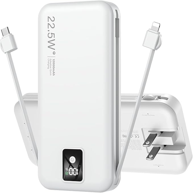 Portable Charger Built-in Cables and AC Wall Plug, 12000mAh power Bank, USB C 22.5W Fast charging Phone Charger ,Compact Lightweight External Battery Pack for iPhones, iPad, Samsung，Tablets, etc.