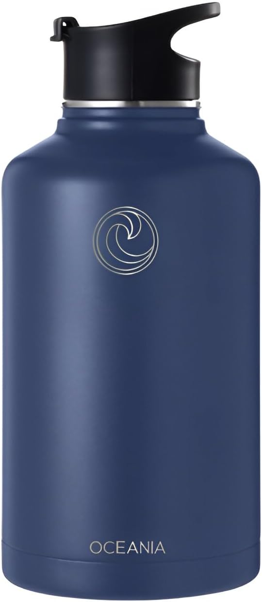 Oceania Flask 64oz Stainless Steel Water Bottles | Modern, Leakproof, Vacuum Insulated with 3 Lids, 3 Straws & 2 Straw Cleaning Brushes | Simple Lightweight Camping & Hiking Hydration Canteens