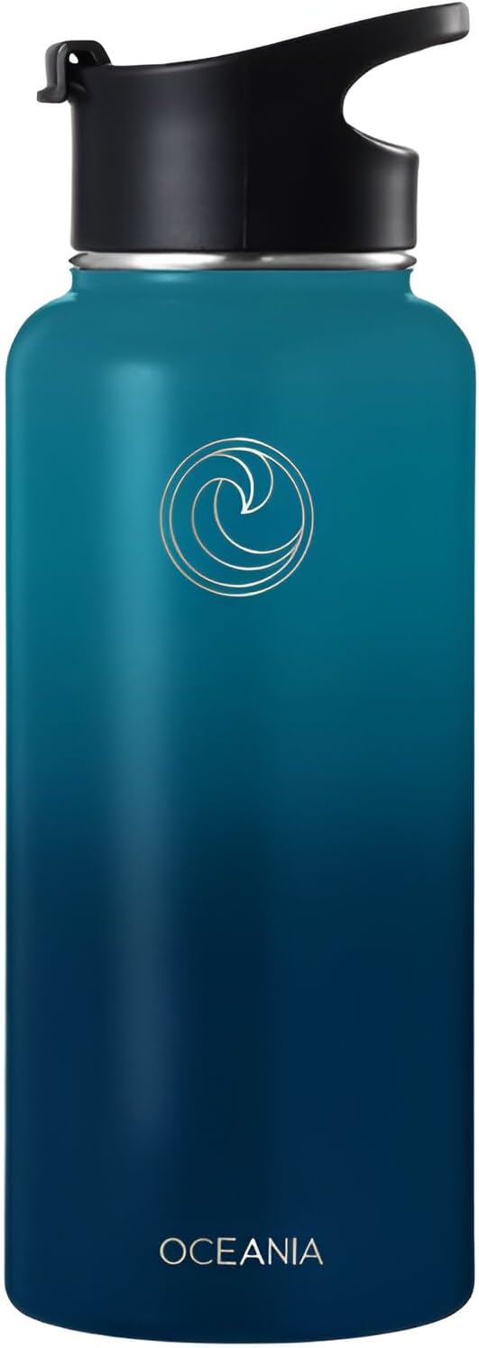 Oceania Flask 32oz Stainless Steel Water Bottles | Modern, Leakproof, Hydro BPA-Free, Insulated Water Bottle with 3 Lids, 3 Straws & 2 Straw Cleaning Brushes | Simple Camping & Hiking Water Bottle